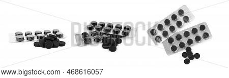 Set With Activated Charcoal Pills On White Background, Banner Design. Potent Sorbent