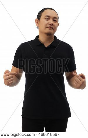 Blank Collared Shirt Mock Up Template, Front View, Asian Male Model Wearing Plain Black T-shirt Poin