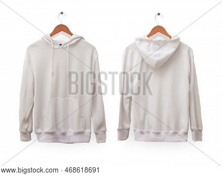 Blank Sweatshirt Mock Up, Front, And Back View, Isolated On White. Plain White Hoodie Mockup. Hoody 