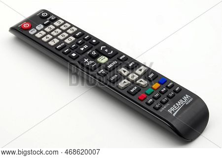 Bologna - Italy - October 25, 2022: Samsung Premium Mediaset Smart Decoder Remote Control Isolated O