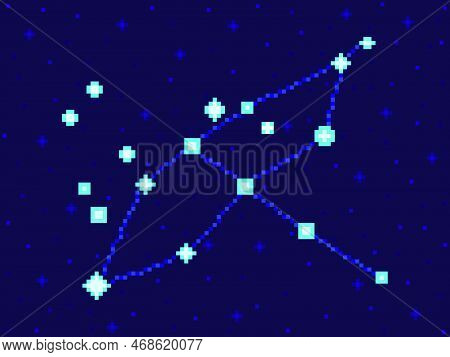 Cygnus Constellation In Pixel Art Style. 8-bit Stars In The Night Sky In Retro Video Game Style. Clu