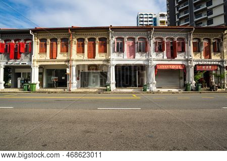 Singapore - 21 February, 2020: Panoramic View Of Historic Buildings In Geylang District Of Singapore