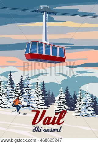 Ski Travel Resort Poster Vintage Vail. Colorado Usa Winter Landscape Travel Card