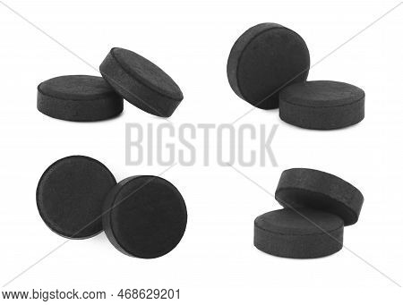 Set With Activated Charcoal Pills On White Background. Potent Sorbent