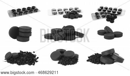 Set With Activated Charcoal Pills On White Background. Potent Sorbent