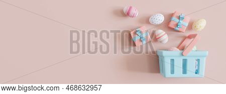 Shopping Basket With Gift Boxes And Easter Eggs On Pink Background With Empty Space For Text, Copy S
