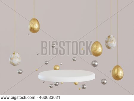 White Podium With Golden Easter Eggs And Copy Space. Modern Stage For Product, Cosmetic Presentation