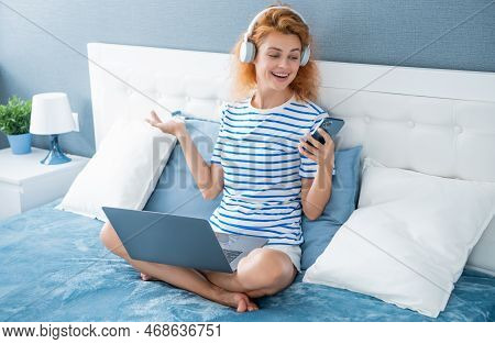 Cheerful Woman Freelancer Has Remote Work. Remote Working Woman Freelancer At Home. Freelancer