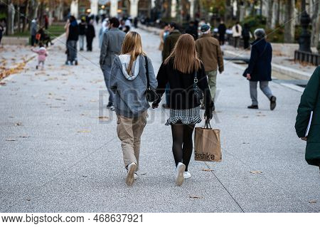 Nimes, Occitanie, France, 12 31 2022 - Two Teenage Girls Walking At The Central Boulevard