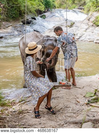 Couple Visiting A Elephant Sanctuary In Chiang Mai Thailand, Elephant Farm In The Mountains Jungle