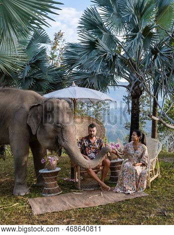 Couple Visiting A Elephant Sanctuary In Chiang Mai Thailand, Elephant Farm In The Mountains Jungle