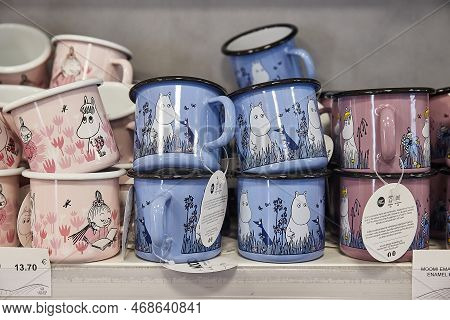 Ivalo, Finland - Circa 2022: Moomins Themed Mugs On Sale At The Airport Gift Shop. Popular Character
