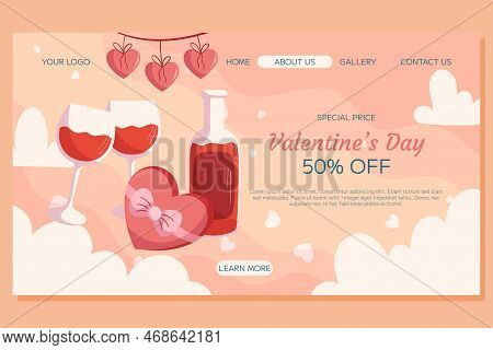 St. Valentine's Day Landing Page Template Design. Bottle And Two Glass Of Wine, Box With Chocolatte 