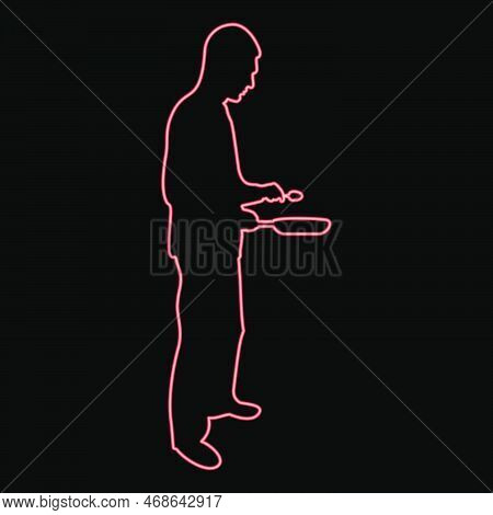 Neon Man Holds Frying Pan Spoon Chef Holding Kitchen Utensil Professional Using Kitchen Staff Concep