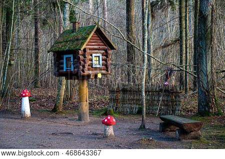 A Hut On Chicken Legs Stands In A Fairy-tale, Magical Forest.