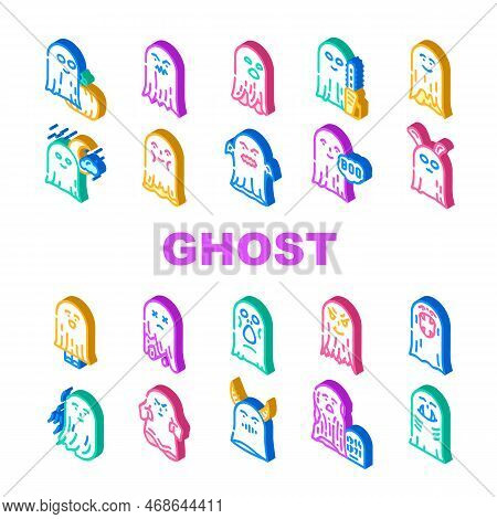Ghost Halloween Scary Spooky Icons Set Vector. Horror White, Dark Fear, Night Holiday, Spirit Face, 