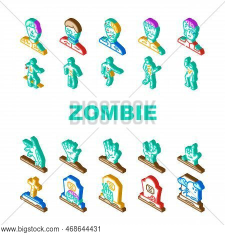 Zombie Horror Dead Monster Icons Set Vector. Halloween Scary, Hand Death, Undead Silhouette, Grave M