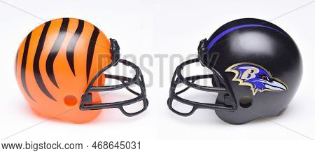 Irvine, California - 9 Jan 2023: Helmets For The Cincinnati Bengals And Baltimore Ravens, Opponents 