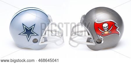 Irvine, California - 9 Jan 2023: Helmets For The Dallas Cowboys And The Tampa Bay Buccaneers, Oppone