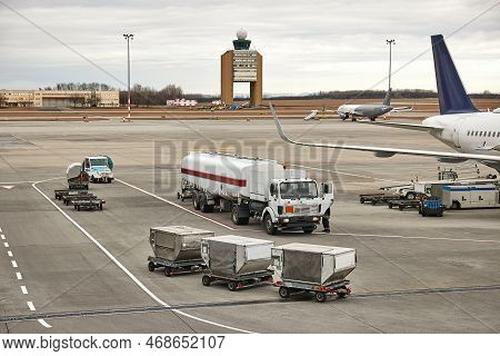 Tank Truck At An Airport To Refuel A Jet Aircraft, Airliner Refuelling