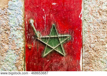 Moroccan Flag Painted On The Door To House In Moulay Idriss, Morocco,  Africa