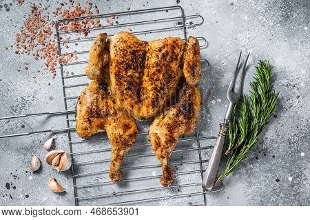 Traditional Spatchcocked Barbecue Chicken On Grill. Gray Background. Top View.