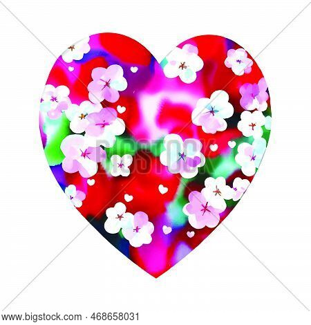 Vector Red Heart With Cherry, Sakura Bloosom, Valentine's Day Love Ornament, Spring Floral Painting,