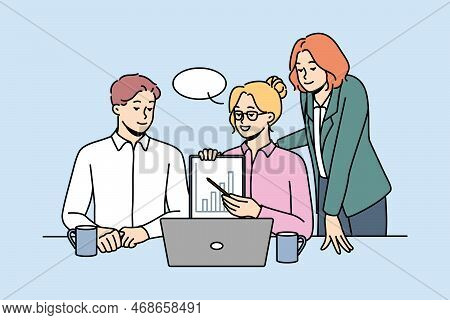 Smiling Businesspeople Talk On Video Call On Computer Make Presentation. Happy Employees Present Bus