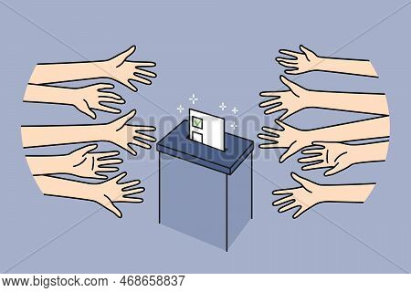 Diverse People Near Election Box Voting. Voters Stretch Hands Throw Political Ballot. Right To Vote 