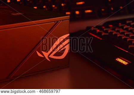 Computer Ac Power Supply Asus Rog Thor 1000W On A Dark Background.