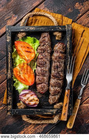Traditional Middle East Kefta Or Kofta Kebab, Ground Beef And Lamb Meat Grilled On Skewers  Served W