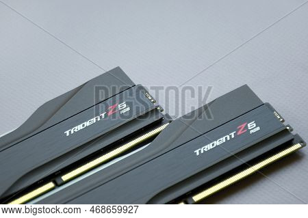 A Package Of G.skill Ddr 5 Trident Z 5 Rgb Desktop Memory On Light Background.
