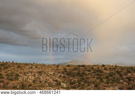 A Beautiful Rainbow Over The Desert Landscape, Coconino National Forest, Yavapai County, Arizona