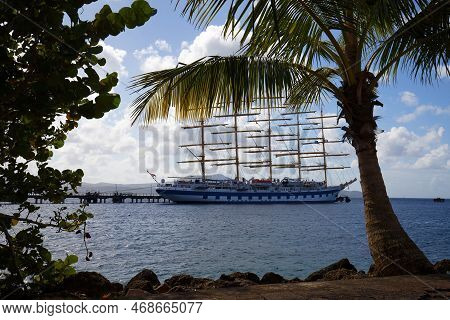 The View Of Ancient Five -mast Clipper Ship In Caribbean Sea, Martinique Island.