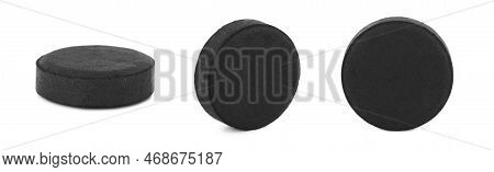 Set With Activated Charcoal Pills On White Background, Banner Design. Potent Sorbent