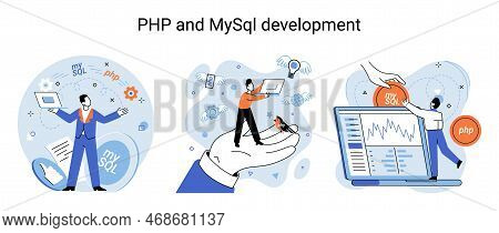Php And Mysql Development Metaphor. Software Website Developer With Computer, Programmer Service, Op