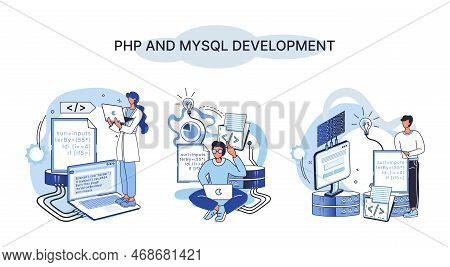 Php And Mysql Development Metaphor. Software Website Developer With Computer, Programmer Service, Op