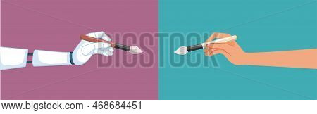 Man Versus Robot Painting Creating Artworks Vector Cartoon Illustration