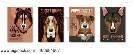 Dogs And Puppies Breeds Vertical Posters Set With Flat Portraits Of Rough Collie Busset Hound Jack R