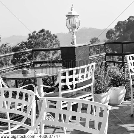 Early Morning View Of Modern Rooftop Restaurant At Kasauli, Himachal Pradesh In India, View Of Mount