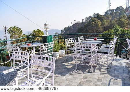 Early Morning View Of Modern Rooftop Restaurant At Kasauli, Himachal Pradesh In India, View Of Mount