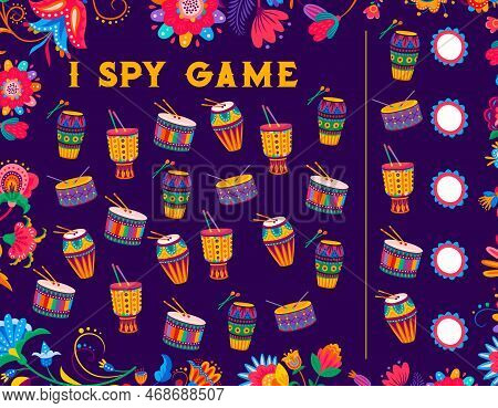 I Spy Game Worksheet With Brazilian Drums. Kids Counting Riddle, Children Object Finding Puzzle Or Q
