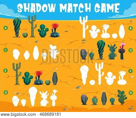 Cactuses In Mexican Desert Shadow Match Game Worksheet. Vector Puzzle Quiz On Cartoon Background Of 