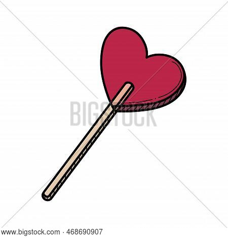 Hand Drawn Heart Shaped Sweet Lollipop Hard Candy On A Stick Vector Illustration. Cute Romantic Vale