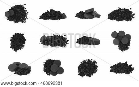Set With Activated Charcoal Pills On White Background. Potent Sorbent