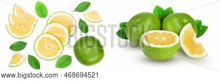 Citrus Sweetie Or Pomelit, Oroblanco With Slices And Leaf Isolated On White Background Close-up. Top