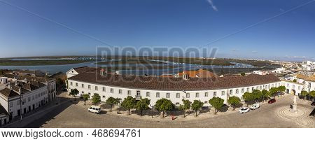 Faro, Portugal - October 3, 2020: Seminario De Sao Jose De Faro Building With Lagoons In The Backgro