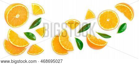 Orange With Leaves Isolated On White Background With Copy Space For Your Text. Top View. Flat Lay