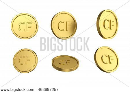 3d Illustration Set Of Gold Comorian Franc Coin In Different Angels On White Background