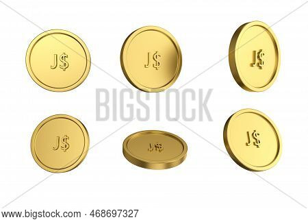 3d Illustration Set Of Gold Jamaican Dollar Coin In Different Angels On White Background